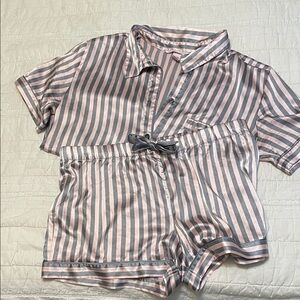 Victoria's Secret Pink and Gray Striped Satin Pajama Top